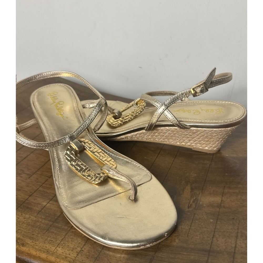 Lilly Pulitzer Gold Metallic Leather T Strap Wedge Sandals Women’s 8 Resort - Picture 13 of 13